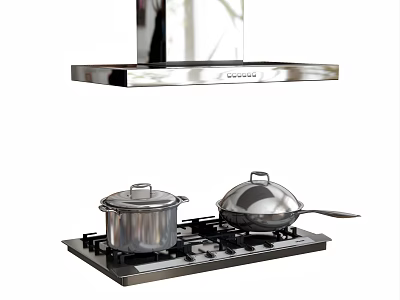Modern Stainless Steel Kitchen Appliances With Gas Stove Range Hood And Cooking Pots 3d model