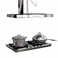 Modern Stainless Steel Kitchen Appliances With Gas Stove Range Hood And Cooking Pots