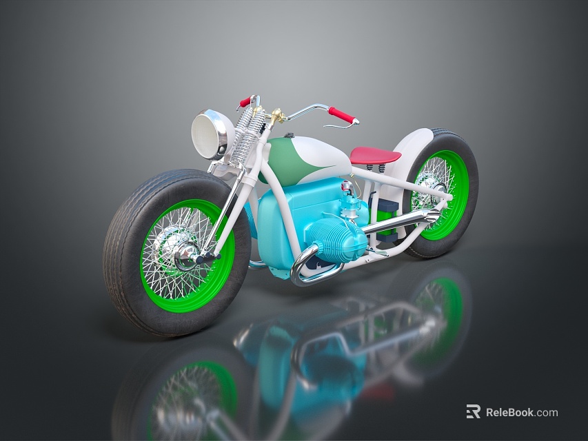Vintage Custom Motorcycle With Green Wheels Red Seat And Blue Engine 3d model 