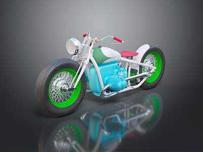 Vintage Custom Motorcycle With Green Wheels Red Seat And Blue Engine 3d model