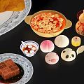 Traditional Chinese Cuisine Display with Roast Suckling Pig and Assorted Pastries with Sauce Dishes