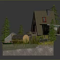 Cartoon Scene Featuring A frame Mountain Cabin Solar Panels Pine Trees Wooden Deck and Log Raft