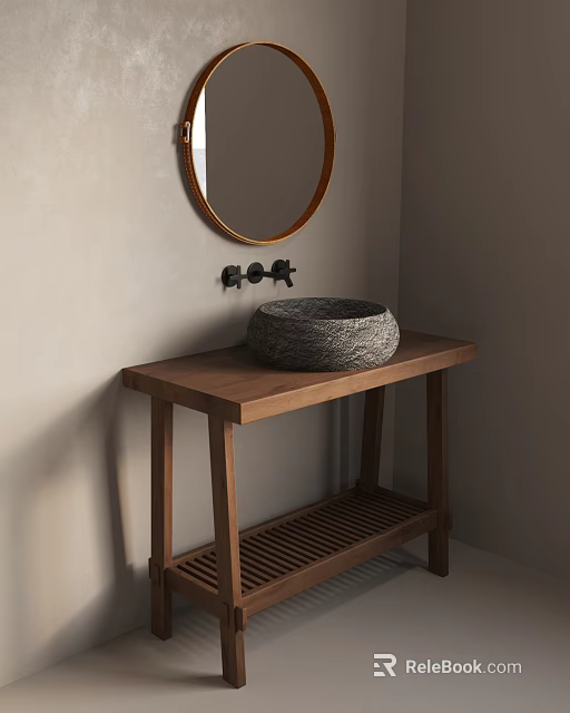 Rustic Bathroom Vanity With Round Mirror Stone Sink And Black Faucet 3d model