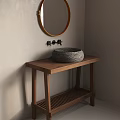 Rustic Bathroom Vanity With Round Mirror Stone Sink And Black Faucet 3d model