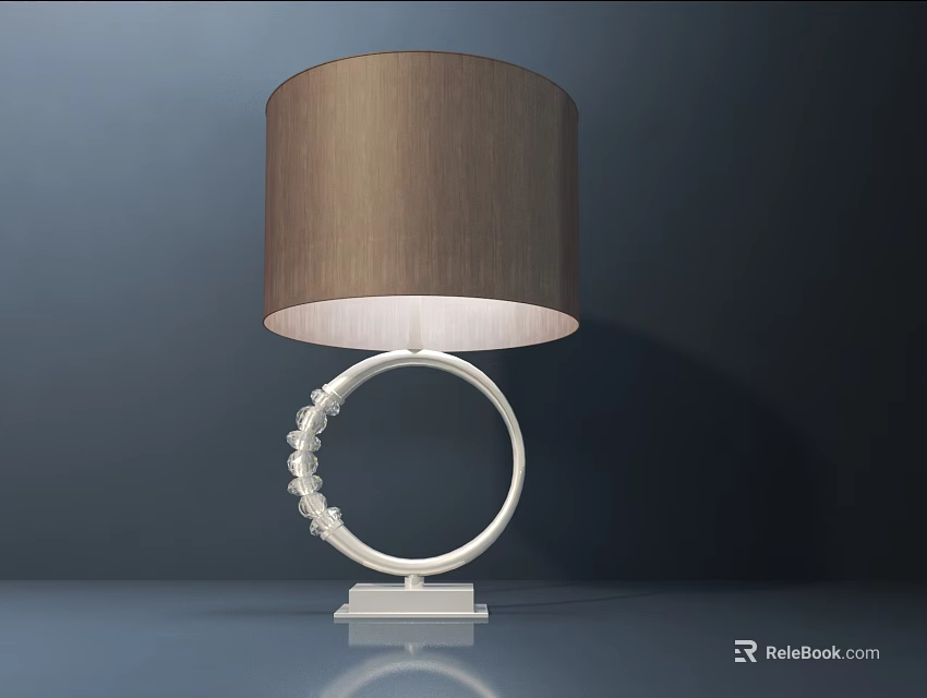 Modern Table Lamp With White Circular Base Brown Fabric Lampshade And Decorative Beads 3d model 