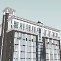Modern Multi Story Office Building With Glass Facade And Ornate Top Design