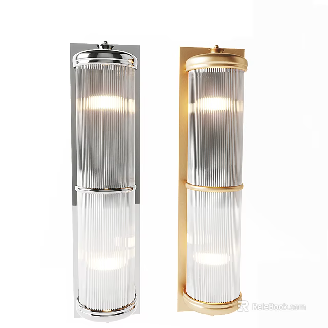 Silver And Gold Cylindrical Wall Lamps With Ribbed Glass Shades Illuminated Reflections 3d model 