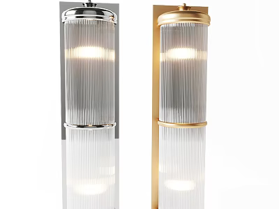 Silver And Gold Cylindrical Wall Lamps With Ribbed Glass Shades Illuminated Reflections 3d model