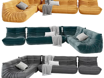 Modular Pleated Velvet Sofa Set in Yellow Teal Gray with Throw Pillows and Blanket 3d model