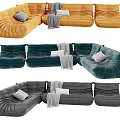 Modular Pleated Velvet Sofa Set in Yellow Teal Gray with Throw Pillows and Blanket
