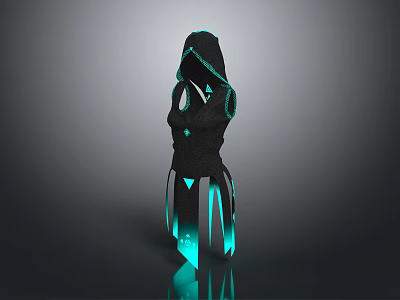 Sleek Black Hooded Outfit Featuring Green Glowing Accents And Reflective Details 3d model