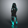 Sleek Black Hooded Outfit Featuring Green Glowing Accents And Reflective Details