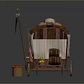 Traditional Vendor Cart With Stone Topped Canopy Wooden Wheels Bottles Fruit Baskets And Pink Flag