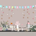 Colorful Party Decorative Ornaments Set With Hanging Banners Pom Poms Cakes And Flower Bouquets