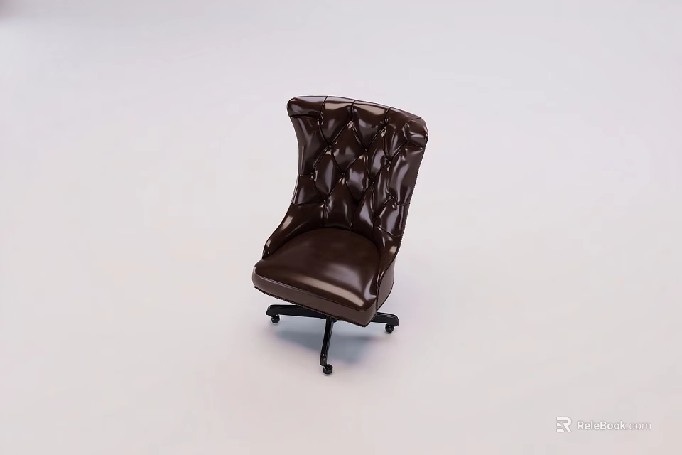 Brown Leather Office Chair With Button Tufted Backrest And Wheeled Base 3d model 