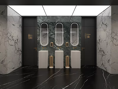 Hotel Bathroom Interior With Marble Walls Floor Oval Mirrors Gold White Vanities And Black Doors 3d model