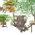 Creative Wooden Tree House Designs With Slide Hammock And Platform Structures 3d model