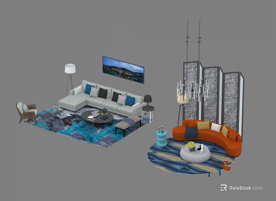 Modern Sofa And Coffee Table Set With Blue Pillows Orange Curved Design And Area Rug 3d model 