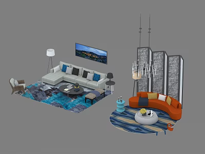 Modern Sofa And Coffee Table Set With Blue Pillows Orange Curved Design And Area Rug 3d model