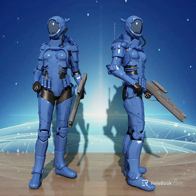 Game Movie Characters In Blue Armor Holding Weapons With Futuristic Globe And Network Lines Background 3d model 