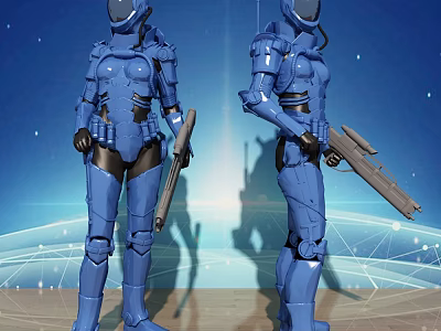 Game Movie Characters In Blue Armor Holding Weapons With Futuristic Globe And Network Lines Background 3d model