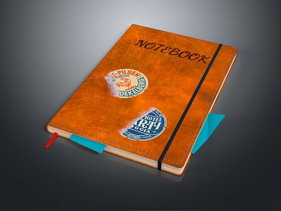 Sleek Brown Cover Electronic Notebook with Colorful Stickers Blue Red Bookmarks and Smart Design 3d model