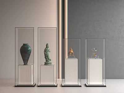 Antique Exhibits in Transparent Display Cases on White Pedestals Against Gray Wall Background 3d model