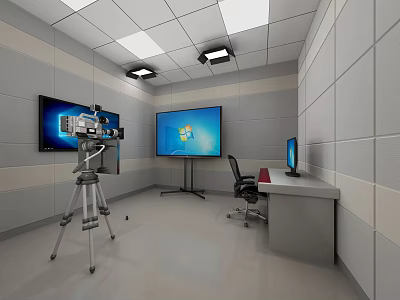 Public Office Space With Large Screen Windows Logo Video Camera Tripod And Work Desk 3d model
