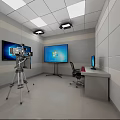 Public Office Space With Large Screen Windows Logo Video Camera Tripod And Work Desk 3d model