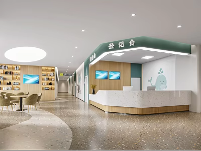 Bright Hospital Outpatient Clinic Interior With Reception Desk Bookshelves Wall Screens And Seating Area 3d model