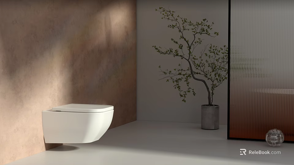 White Modern Wall Mounted Toilet In Bathroom Interior With Small Green Tree 3d model 