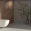White Modern Wall Mounted Toilet In Bathroom Interior With Small Green Tree