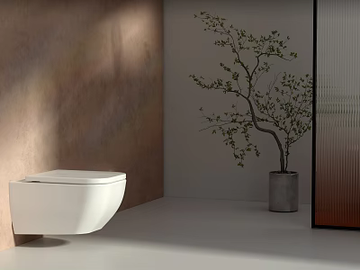 White Modern Wall Mounted Toilet In Bathroom Interior With Small Green Tree 3d model