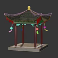 Chinese Traditional Pavilion With Black Curved Roof Hanging Red Tassel Lanterns And Stone Base