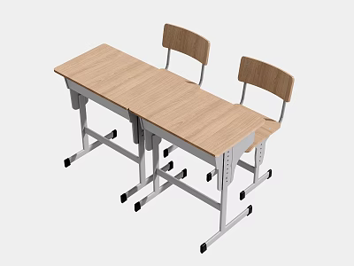 Light Wood Desk and Two Chairs Set with Metal Frame and Rolling Wheels 3d model