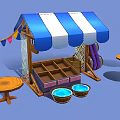 Charming Market Stall With Blue White Striped Awning Wooden Shelf Buckets And Table