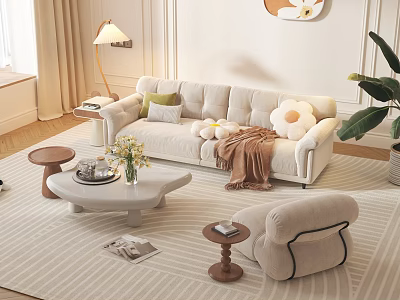 Cozy Living Room Sofa And Coffee Table Set With Throw Pillows Blanket And Floor Lamp 3d model