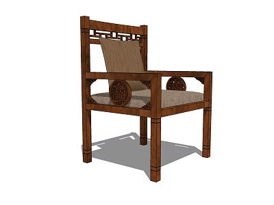 Traditional Chinese Wooden Accent Chair with Carved Armrests and Linen Seat Cushion 3d model