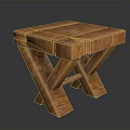 Handcrafted Rustic Wooden Stool Featuring Square Top And Crossed Legs With Natural Wood Grain