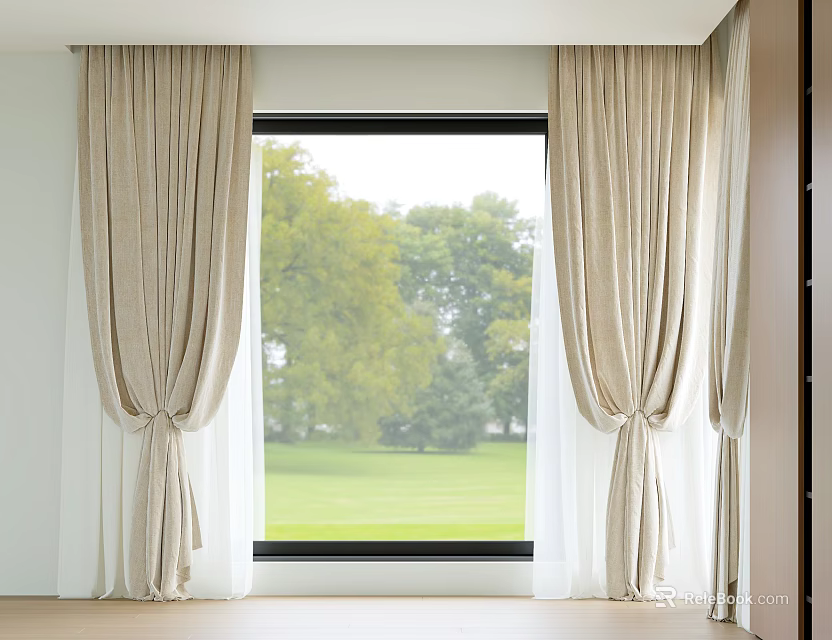 Beige Linen Curtains In Modern Interior With Window View Of Green Trees And Grass 3d model 