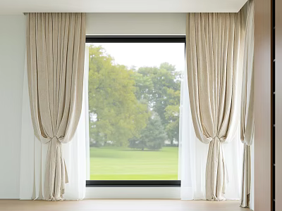 Beige Linen Curtains In Modern Interior With Window View Of Green Trees And Grass 3d model
