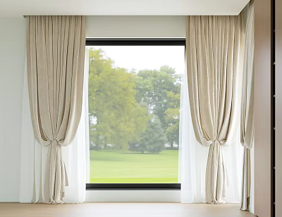 Beige Linen Curtains In Modern Interior With Window View Of Green Trees And Grass 3d model