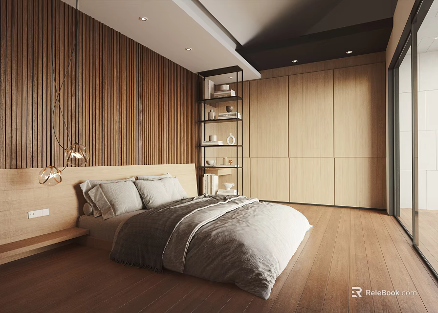 Modern Bedroom Interior Design With Wooden Wall Platform Bed Bedding Bookshelf And Wardrobe 3d model 