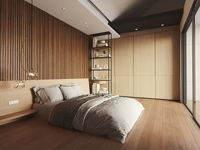Modern Bedroom Interior Design With Wooden Wall Platform Bed Bedding Bookshelf And Wardrobe 3d model