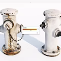 Two White Rusted Fire Hydrants With Chain And Outdoor Base Details 3d model