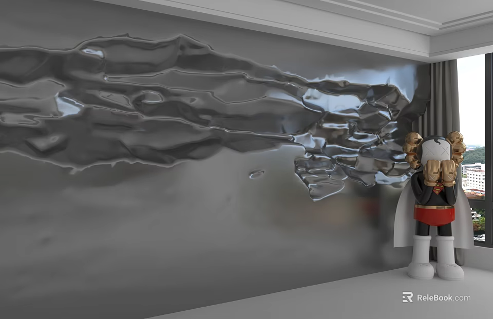 Modern Silver Metal Wall with Wavy Textured Design and Decorative Figure Accent 3d model 