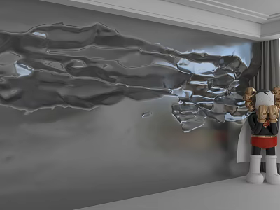 Modern Silver Metal Wall with Wavy Textured Design and Decorative Figure Accent 3d model