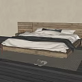 Cozy Double Bed With Wooden Headboard Neutral Bedding And Area Rug On Wooden Floor