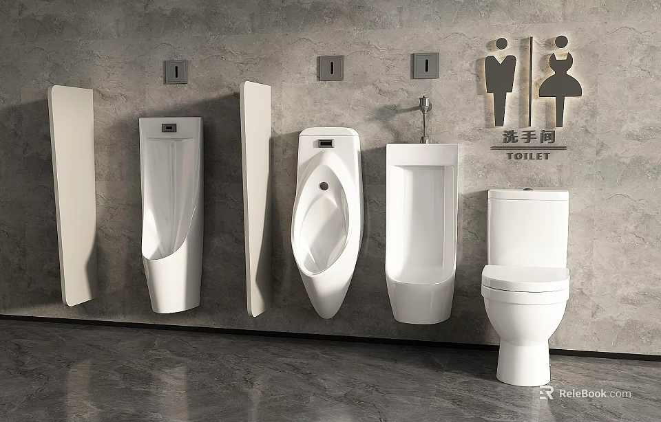 Modern Wall Mounted Urinals In Bathroom With Various Styles And Toilet 3d model 