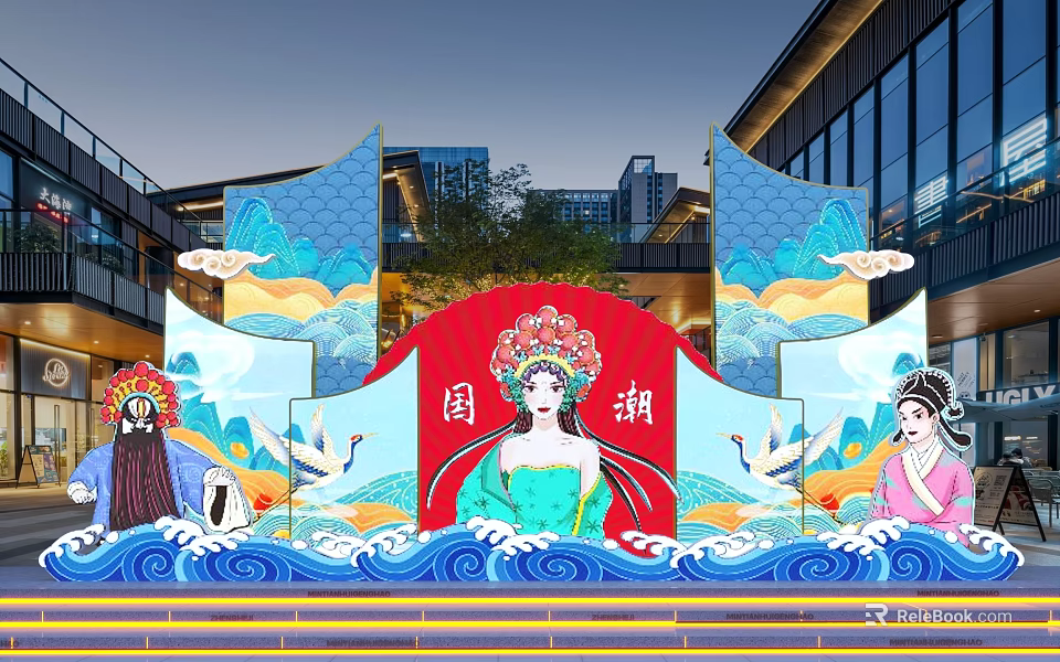 Chinese Style Trend Decoration With Opera Characters Red Background Blue Waves And Crane Elements 3d model 